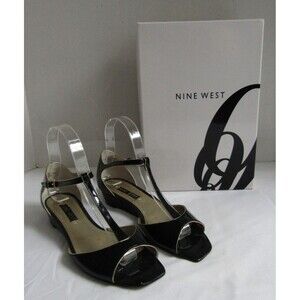 Nine West Sandals Black Gold Patent Leather With Box Womens Size 5.5